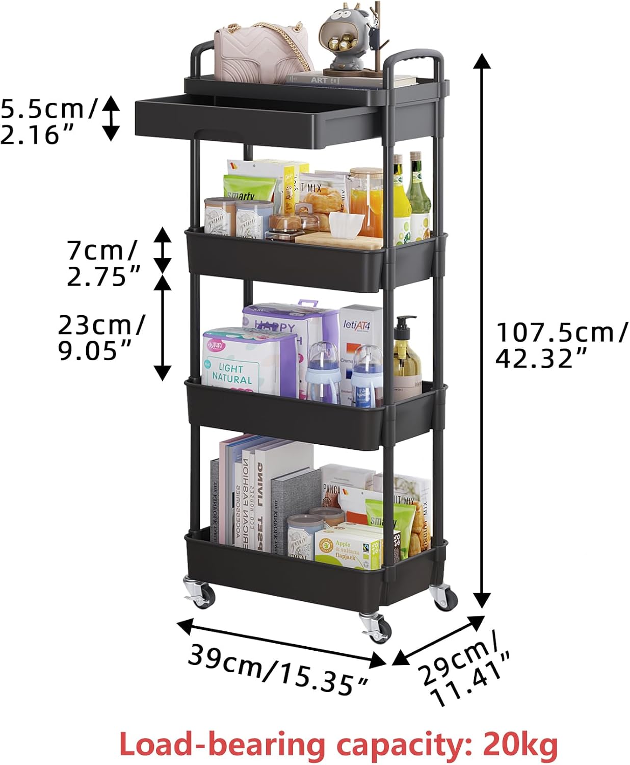 Calmootey 3-Tier Rolling Utility Cart with Drawer,Multifunctional Storage Organizer with Plastic Shelf & Metal Wheels,Storage Cart for Kitchen,Bathroom,Living Room,Office,White