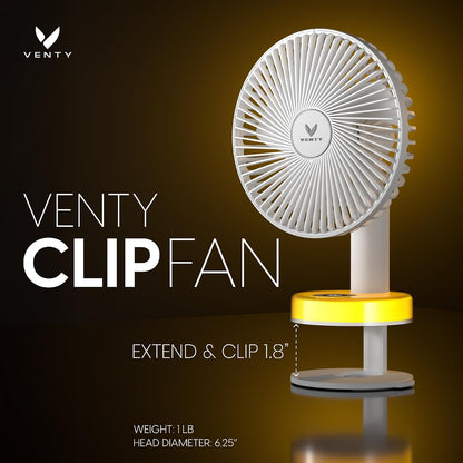 VENTY Portable Clip Fan - Rechargeable 10-Hour Battery Portable Fan - 360° Rotation & 90° Tilt - Stroller, Desk or Bedside - Aromatherapy & LED Light - USB-C cable & Carrying Pouch
