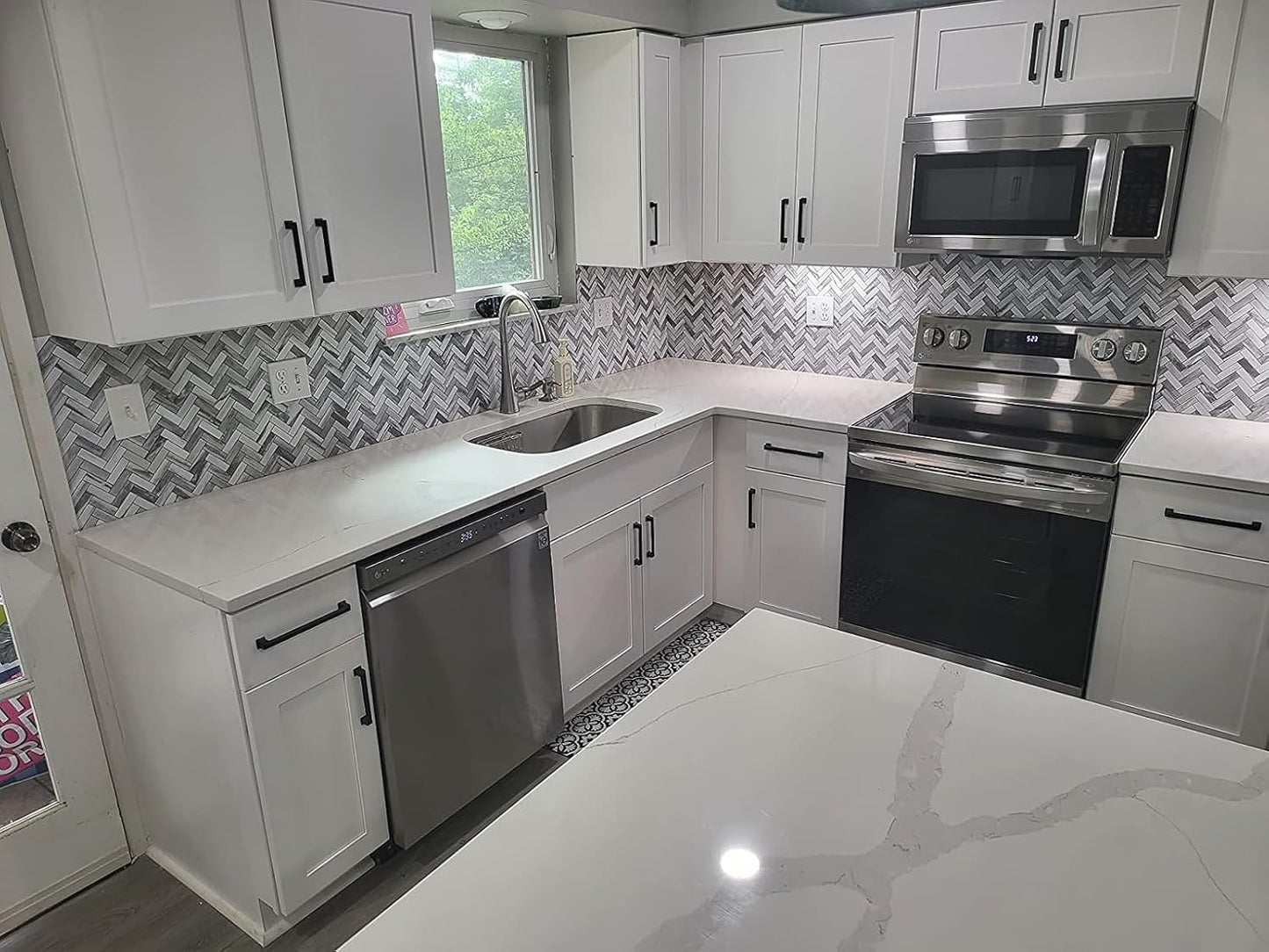 STICKGOO 10 Sheets Herringbone Peel and Stick Backsplash, Stick on Aluminum Composite PVC Kitchen Backsplash, Marble White Mixed Light Grey Look Self Adhesive Wall Tiles
