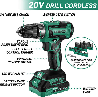 Cordless Drill Tool Kit Set: 20V Power Drill Tool Box with Battery Electric Drill Driver for Men Home Hand Repair Basic Toolbox Tools Sets Drills Case