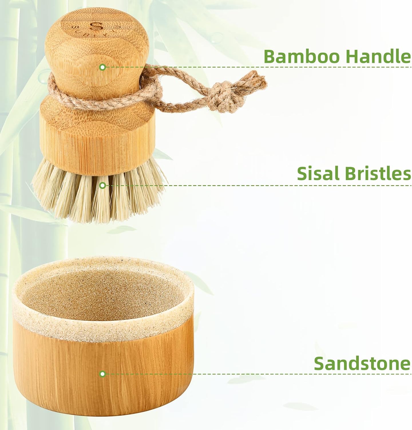 Bamboo Dish Scrub Brushes,Kitchen Wooden Cleaning Scrubbers Set for Washing Cast Iron Pan/Pot, Natural Sisal Bristles, Set of 3