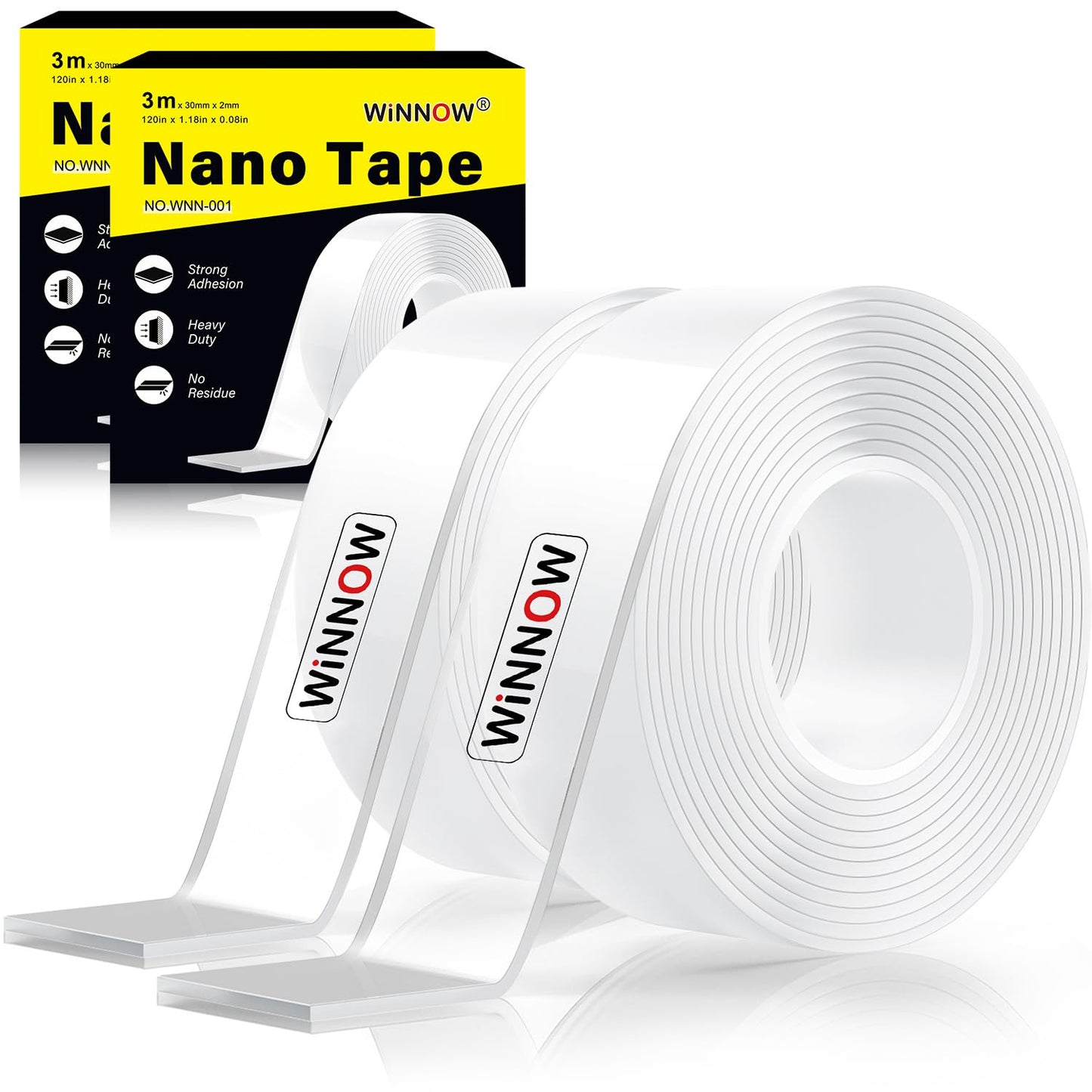WINNOW Double Sided Heavy Duty Extra Strong Adhesive Tape - 1.2" x 120" (Pack of 1) Indoor/Outdoor Household Nano Tape for Hanging Decorations, Lights, Garlands - Reusable and Damage-Free