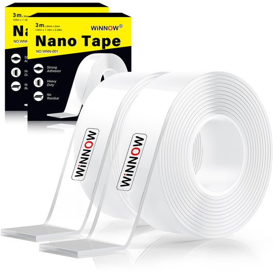 WINNOW Double Sided Heavy Duty Extra Strong Adhesive Tape - 1.2" x 120" (Pack of 1) Indoor/Outdoor Household Nano Tape for Hanging Decorations, Lights, Garlands - Reusable and Damage-Free