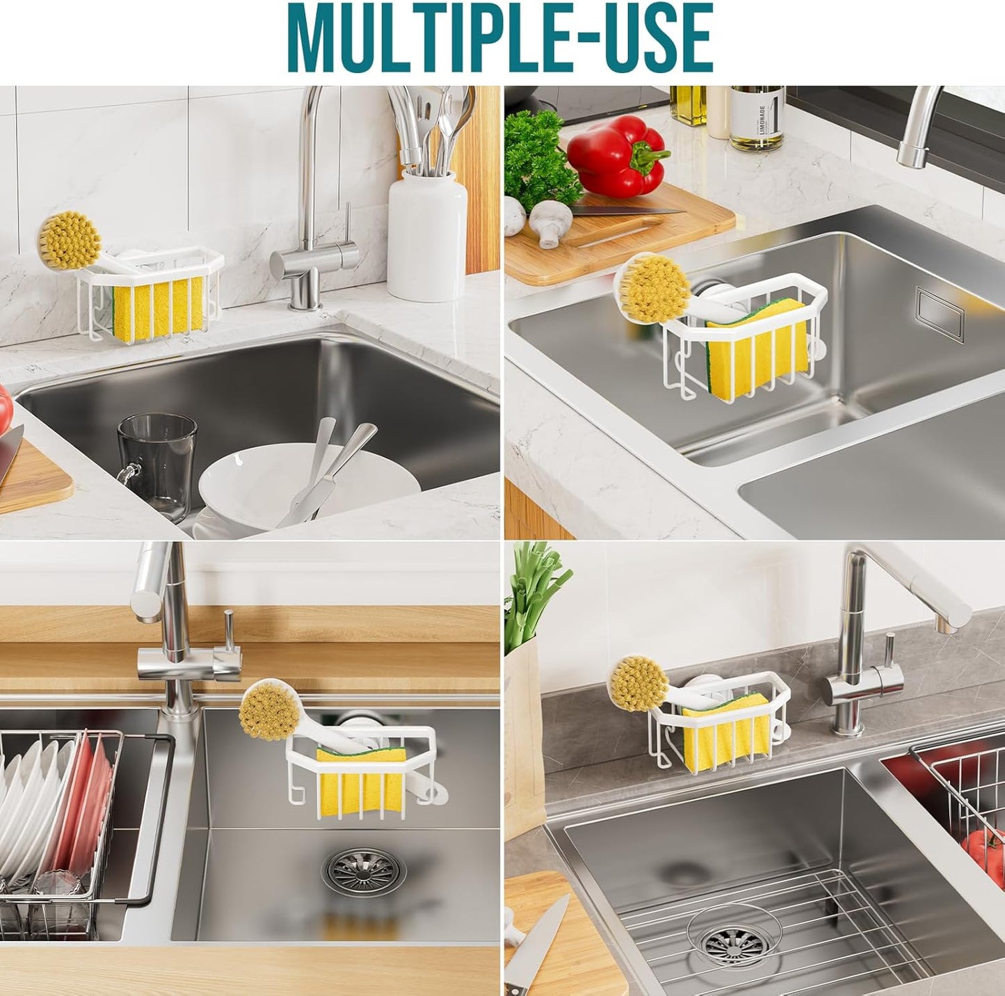 TAILI Sponge Holder with Strong Suction Cup, Dish Sponge Caddy Inside Sink Removable, Rustproof Aluminum for Sponges, Brushes, Stoppers and Scrapers - Black