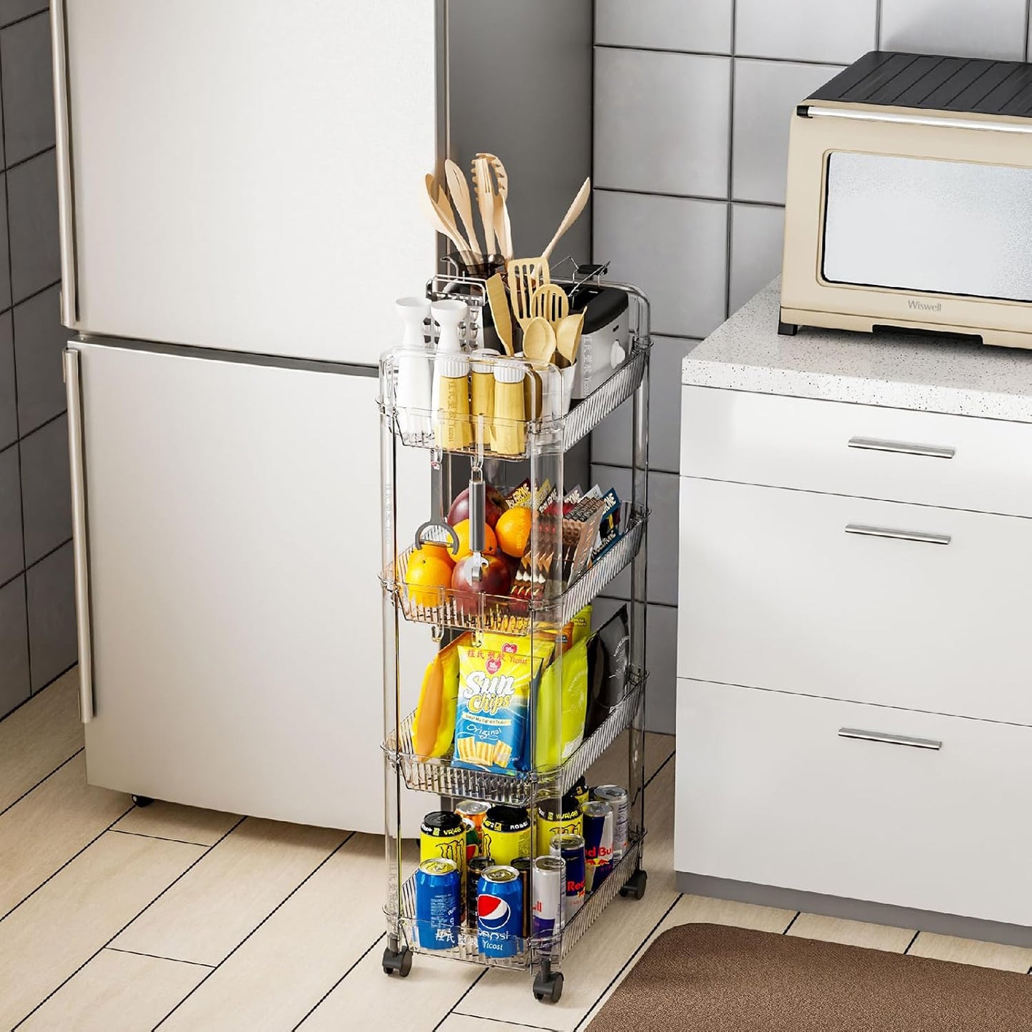 Yieach 3 Tier Rolling Cart with Wheels,Clear Narrow Bathroom Rack Organizer,Slim Storage Cart,Three Tier Thin Shelf and Narrow Rolling Utility Cart for Small Space Shelf,Dorm Room,Kitchen,Laundry