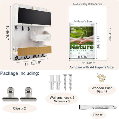 Key Holder for Wall Mount with Shelf and Mail Organizer, Key and Mail Holder with 16 Hooks, Farmhouse Entryway Organizer, Home Decor Rack (Pine Wood, Black)