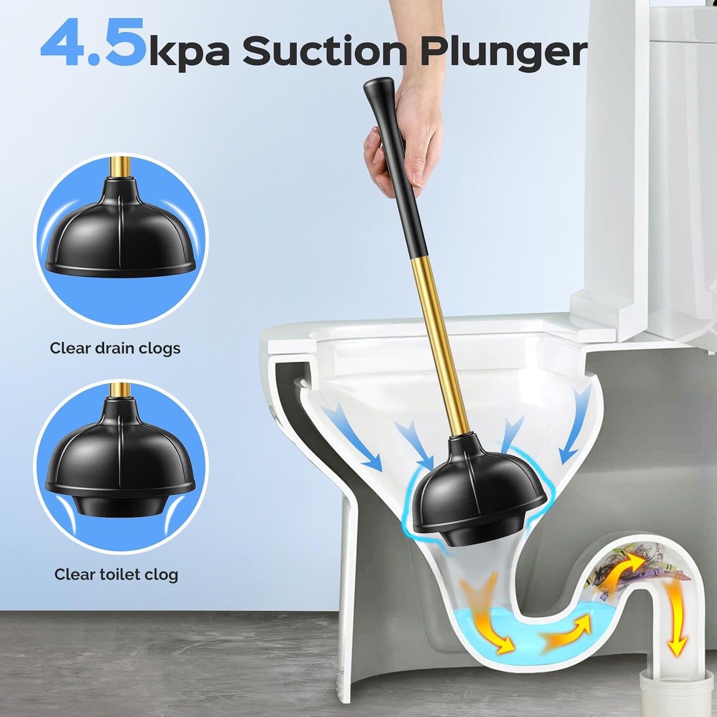 HAMITOR Toilet Plunger and Brush Set: 2 in 1 Stainless Steel Rustproof Combo with Deep Cleaning Curved Bristles - Heavy Duty Toilet Unclogging for Family Bathroom - Compact Apartment Accessories