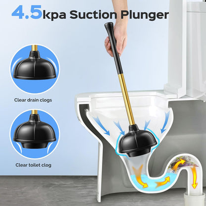 HAMITOR Toilet Plunger and Brush Set: 2 in 1 Stainless Steel Rustproof Combo with Deep Cleaning Curved Bristles - Heavy Duty Toilet Unclogging for Family Bathroom - Compact Apartment Accessories