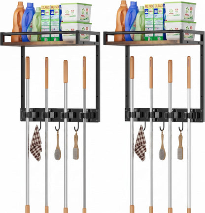 Broom Holder Wall Mount with Shelf Load 66LBS Broom and Mop Organizer Wall Hanging Broom Hanger with 4 Mop Hanger Grippers, 3 Hooks for Laundry Room, Garage, Utility Closet, Kitchen, 1 Pack