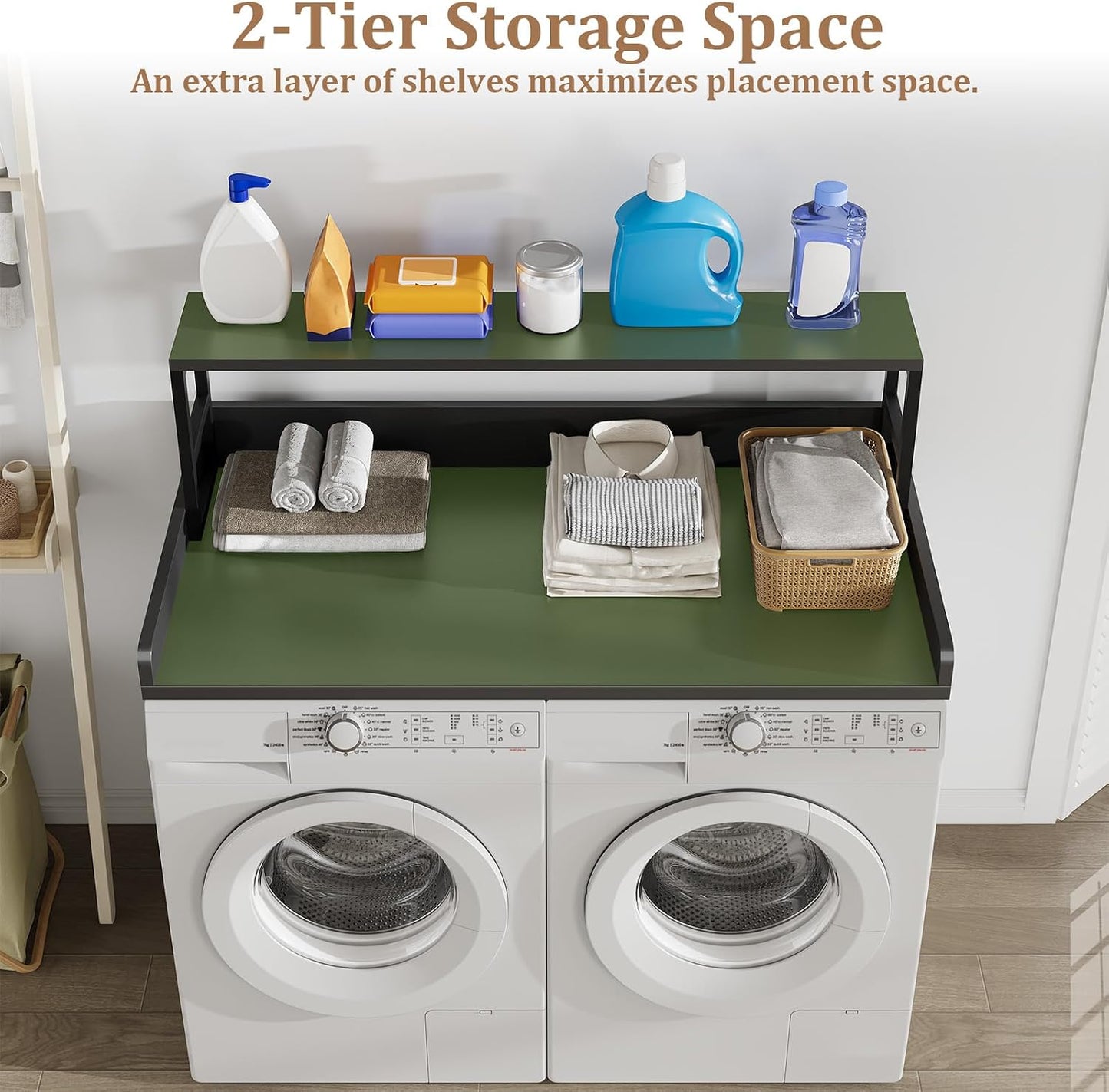 Washer Dryer Countertop with Shelf, 23.62″D x 23.62″W x 16.57″H, Countertop for Washer and Dryer Top with Non-Slip Pads and Edge Rails, Laundry Room Storage and Organization(Black)