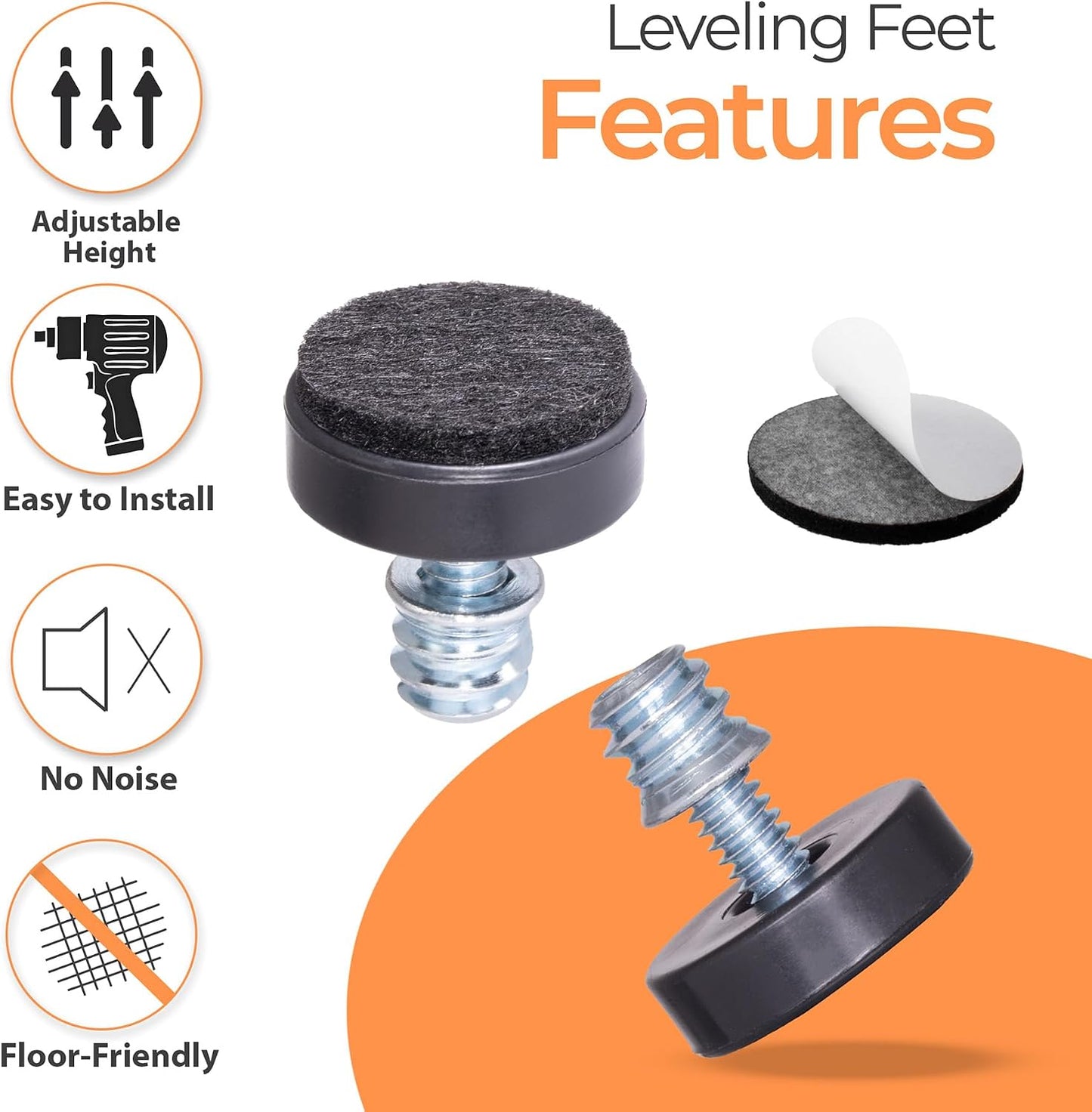 24 Pack M6 Thread Adjustable Furniture Levelers with Self-Adhesive Felt Pads – 1" Leveling Feet & Floor Protectors for Chairs, Tables on Hardwood Floors