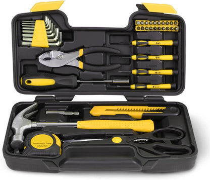 Auto Dynasty Tool Kit for Home, Basic Household Hand Tool Sets with Screwdrivers Combination Tools, All in One Plastic Toolbox Storage Case for College Dorm, Office, Auto Repair (Green)