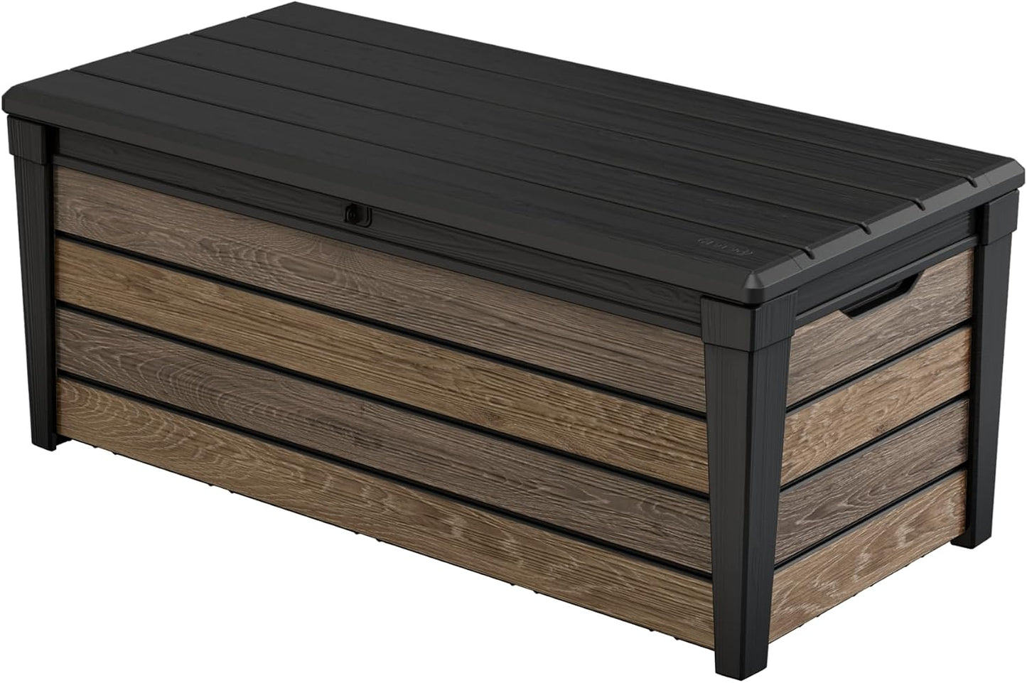 Keter Signature Everwood 30 Gallon Resin Outdoor Storage Box and Patio Furniture Side Table for Pool and Garden Accessories, Walnut
