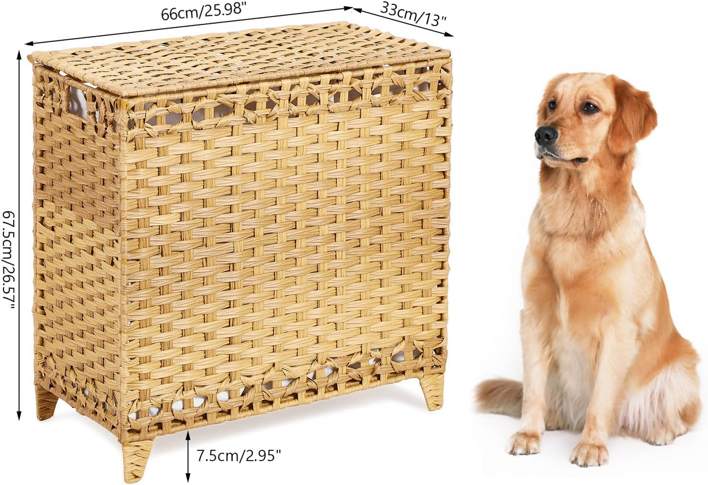 Laundry Hamper with 3 Removable Liner Bags; 132L Handwoven Rattan Laundry Basket with Lid & Heightened Feet; Clothes Hamper with Side Handles; Laundry Sorter with 3 Separate Sections
