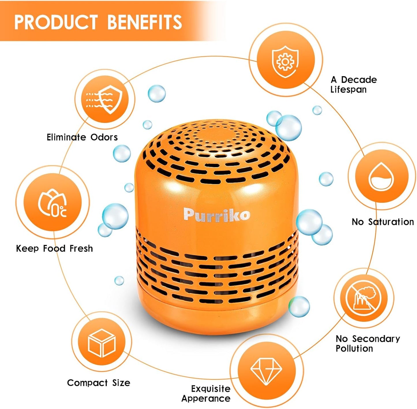 Purriko Refrigerator Deodorizer | Lasts up to 10 Years, Fridge Deodorizer Odor Eliminator, More Effective Than Baking Soda and Bamboo Air Purifying Bags,Orange