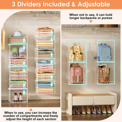 Yuyetuyo 5 Tier Closet Hanging Organizer and Storage Separable Hanging Closet Shelves with 4 Hooks 2 Adjustable Dividers, Wire Storage Basket Bins for Clothing Sweaters Socks Dolls Handbags, Foldable