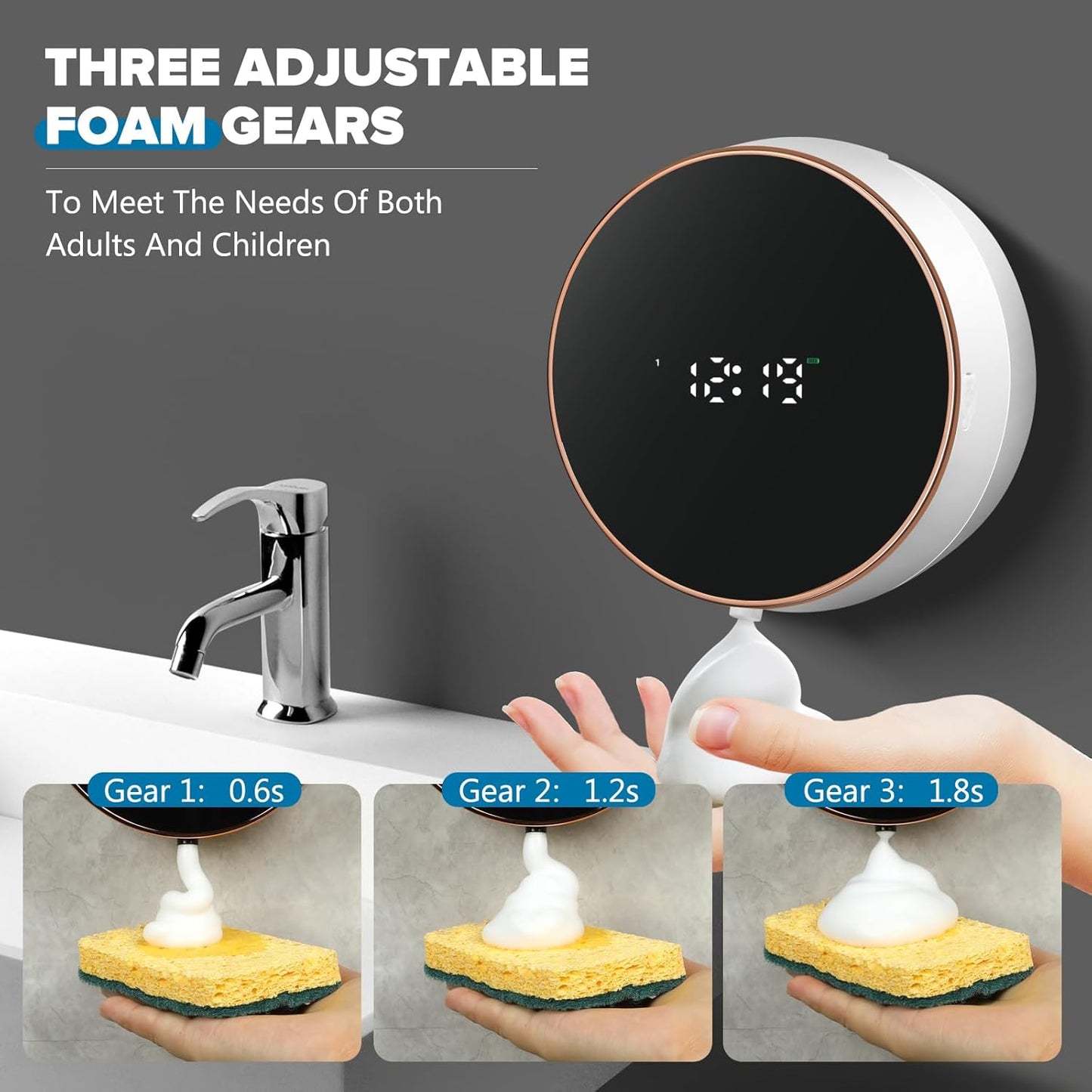 Automatic Soap Dispenser Foam Bathroom: Wall Mount Rechargeable Touchless Adjustable Auto Smart Electric Plastic Black Foaming Soap Dispenser with Clock - Kitchen - Hand Dish Lotion Couple Kids