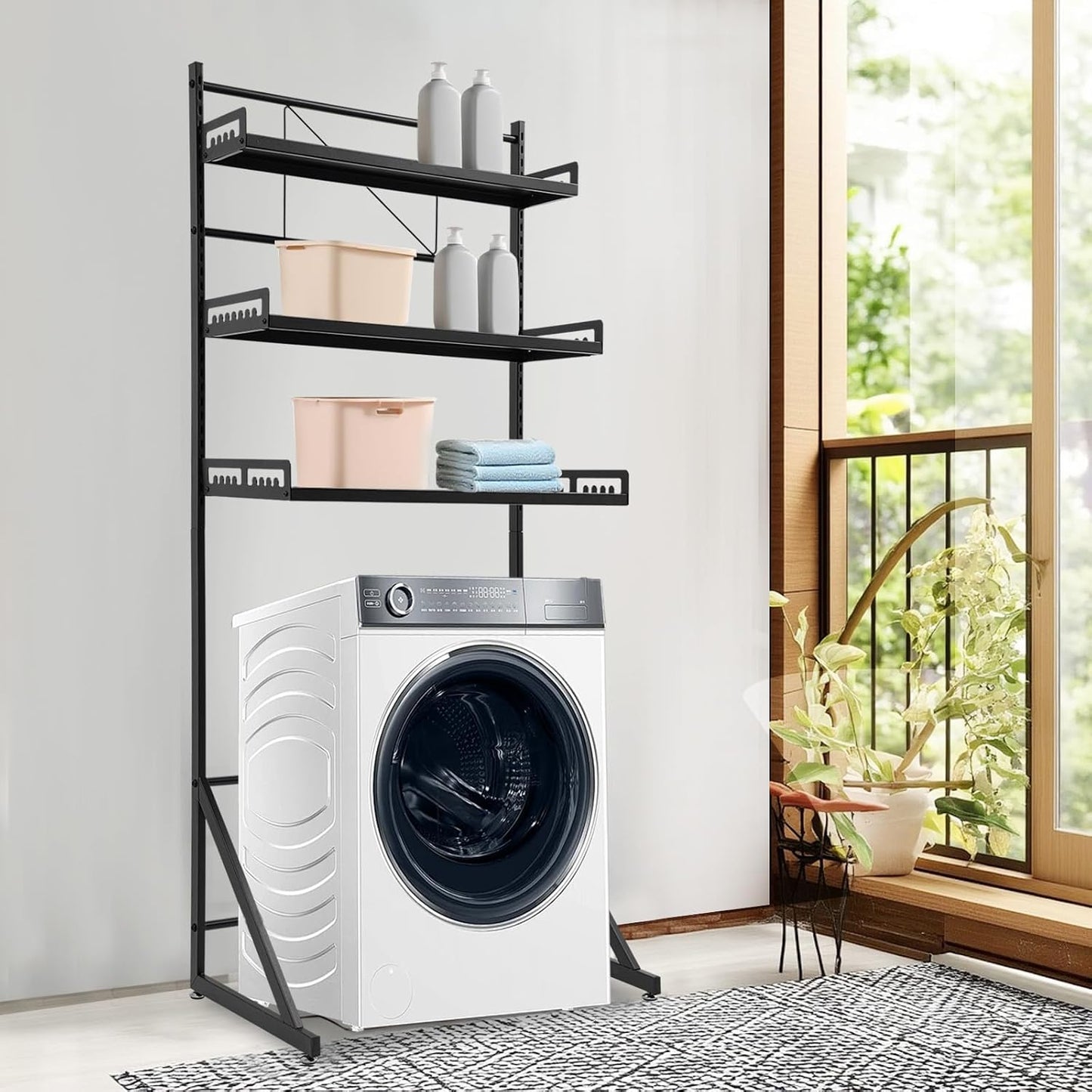 Adjustable Height Laundry Room Shelves for Laundry Room Organization 3 Tiers Laundry Room Organization Shelves Over The Washer and Dryer Storage Shelf (Black, 26.8×18.3×64in)