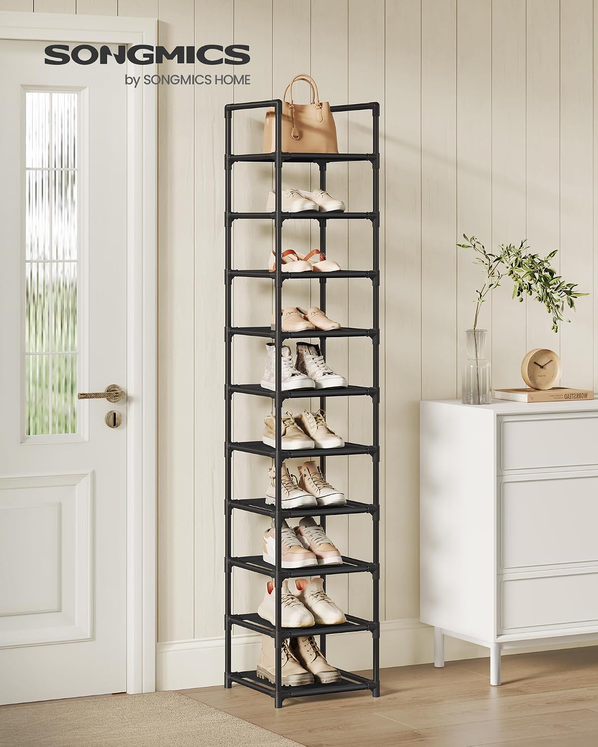 SONGMICS Shoe Rack, 10-Tier Shoe Shelf, Shoe Storage Organizer, 11 x 17.7 x 68 Inches, Metal Frame, Non-Woven Fabric Shelves, for Entryway, Bedroom, Black ULSH010B02
