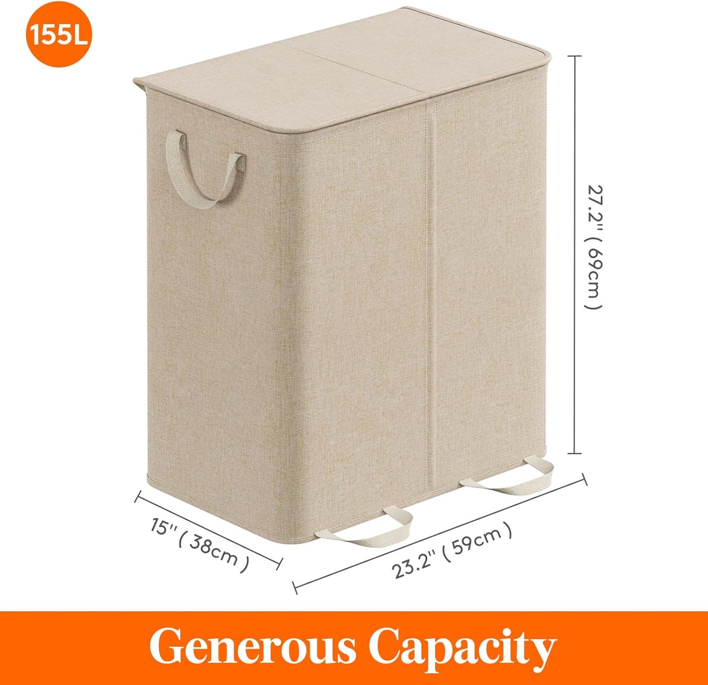 Lifewit Double Laundry Hamper with Lid and Removable Laundry Bags, Large Collapsible 2 Dividers Dirty Clothes Basket with Handles for Bedroom Laundry Room Closet Bathroom College, 136L Beige