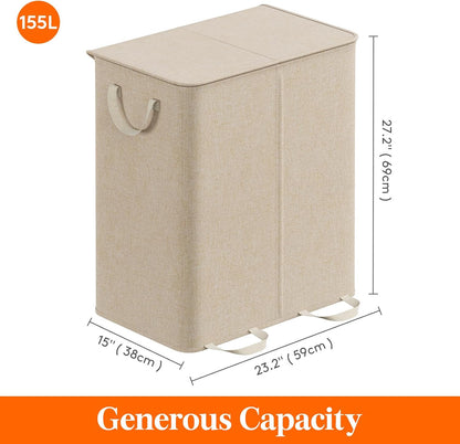 Lifewit Double Laundry Hamper with Lid and Removable Laundry Bags, Large Collapsible 2 Dividers Dirty Clothes Basket with Handles for Bedroom Laundry Room Closet Bathroom College, 136L Beige