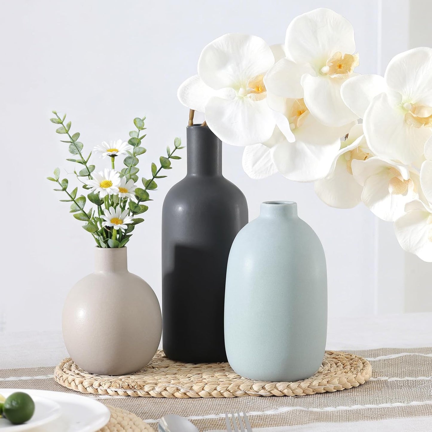 CUCUMI Ceramic Vase Set of 5, Home Decor Farmhouse Décor Handmade Pottery Vases for Pampas Grass, Dried Fresh Flowers, Table, Living Room, Kitchen, Shelf, Entryway Mantel Neutral Tones
