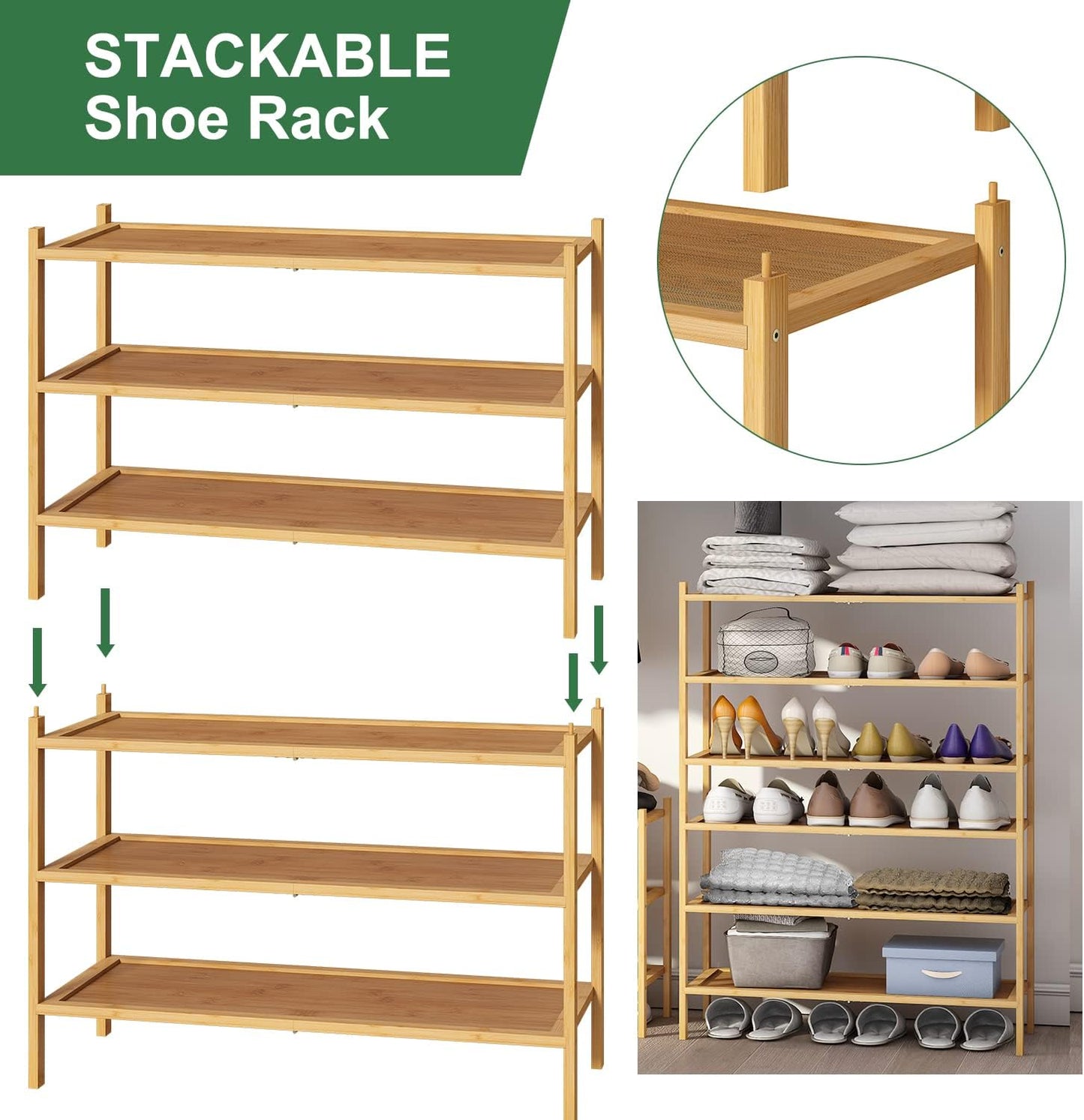 kiplant Small Shoe Rack, 4-Tier Bamboo Wood Shoe Rack for Entryway, Stackable Shoe Organizer for Hallway Closet, Free Standing Shoe Racks for Indoor & Outdoor