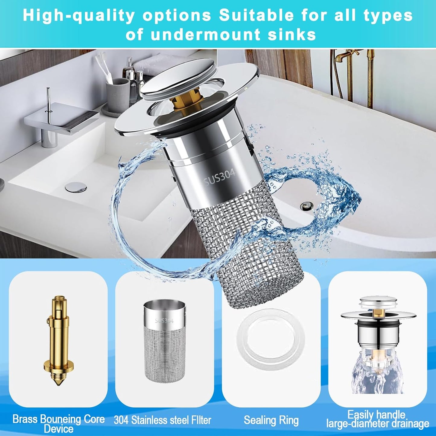 Bathroom Sink Stopper 2Pcs,Sink Drain Strainer,Hair Catcher with Removable Stainless Steel Filter Basket,Universal Sink Plug,Suitable for Most Sinks,Washbasin,Bathtubs
