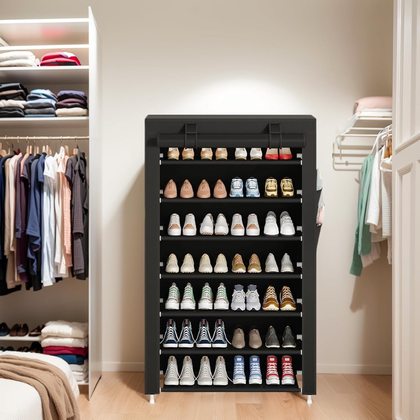 Laiensia 9-Tier Vertical Shoe Rack Organizer, Space Saving Shoe Storage Organizer, Non-Woven Cover Shoe Shelf Holds 36-45 Pairs for Bedroom, Hallway, Closet Entryway, Black