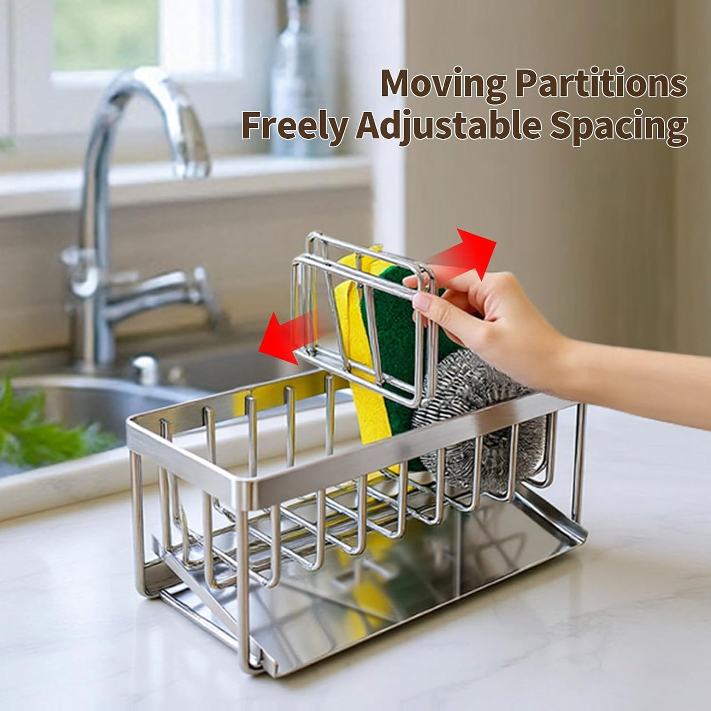 Kitchen Sink Sponge Holder, 304 Stainless Steel Soap Dispenser Caddy Organize, Kitchen Sink Brush Caddy Holder with Removable Drain Tray