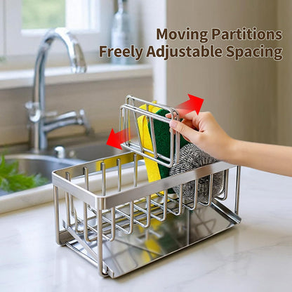 Kitchen Sink Sponge Holder, 304 Stainless Steel Soap Dispenser Caddy Organize, Kitchen Sink Brush Caddy Holder with Removable Drain Tray