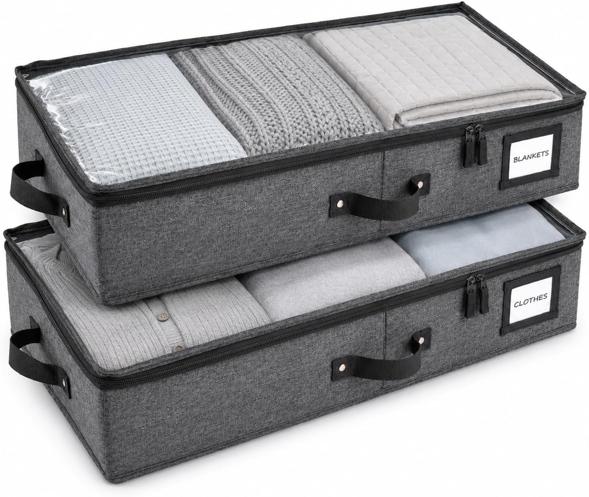HOMELUX THEORY 2pc Low Profile Under Bed Storage Containers, Thin Under Couch Storage Organizer with Bins & Lids, Underbed Storage Box Ideal for Seasonal Clothes, Blankets, Fabric & Shoes (Ivory)