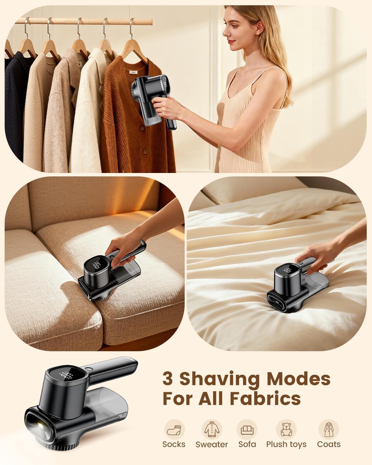 Home Large Lint Remover Fabric Shaver - Rechargeable with LED Display, 3D 6-Blade, 180min Runtime, Large Transparent Bin, Zero Damage for Clothes/Sofa/Bedding