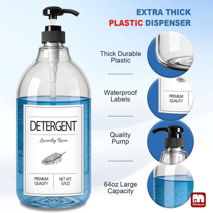 GMISUN Laundry Detergent Soap Dispenser, Liquid Laundry Detergent Dispenser, Container for Farmhouse Laundry Room Decor, Organizer for Liquid SoftenerBleach Heavy Duty Plastic Bottle(64 Oz 3 Pack)