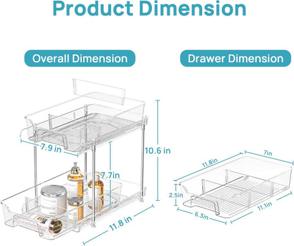 Vtopmart 2 Tier Bathroom Storage Organizer, 2 Pack Clear Under Sink Organizers Vanity Counter Container, Cabinet Drawers Bins, Pull-Out Organization with Track for Pantry, Kitchen
