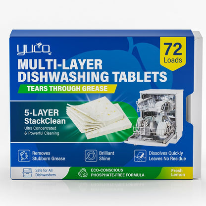 Dishwasher Detergent Tablets 72 Count: 5 Layer Powerful Dishwasher Detergent Eco-Friendly No Plastic Liquid-Free Dish Soap Cleaner Tab, Use in Dishwasher (Lemon)