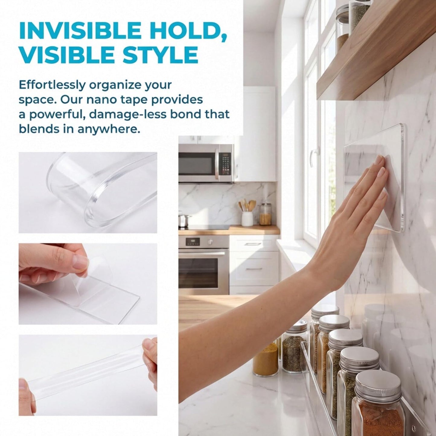Double Sided Tape Heavy Duty, Nano Adhesive(2 Rolls, Total 19.7FT) | Multipurpose Removable Washable Reusable, Residue Free Clear Mounting Strips, Strong Adhesive for Picture Hanging No Trace
