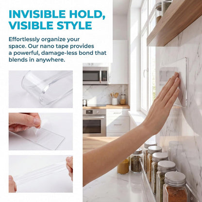 Double Sided Tape Heavy Duty, Nano Adhesive(2 Rolls, Total 19.7FT) | Multipurpose Removable Washable Reusable, Residue Free Clear Mounting Strips, Strong Adhesive for Picture Hanging No Trace