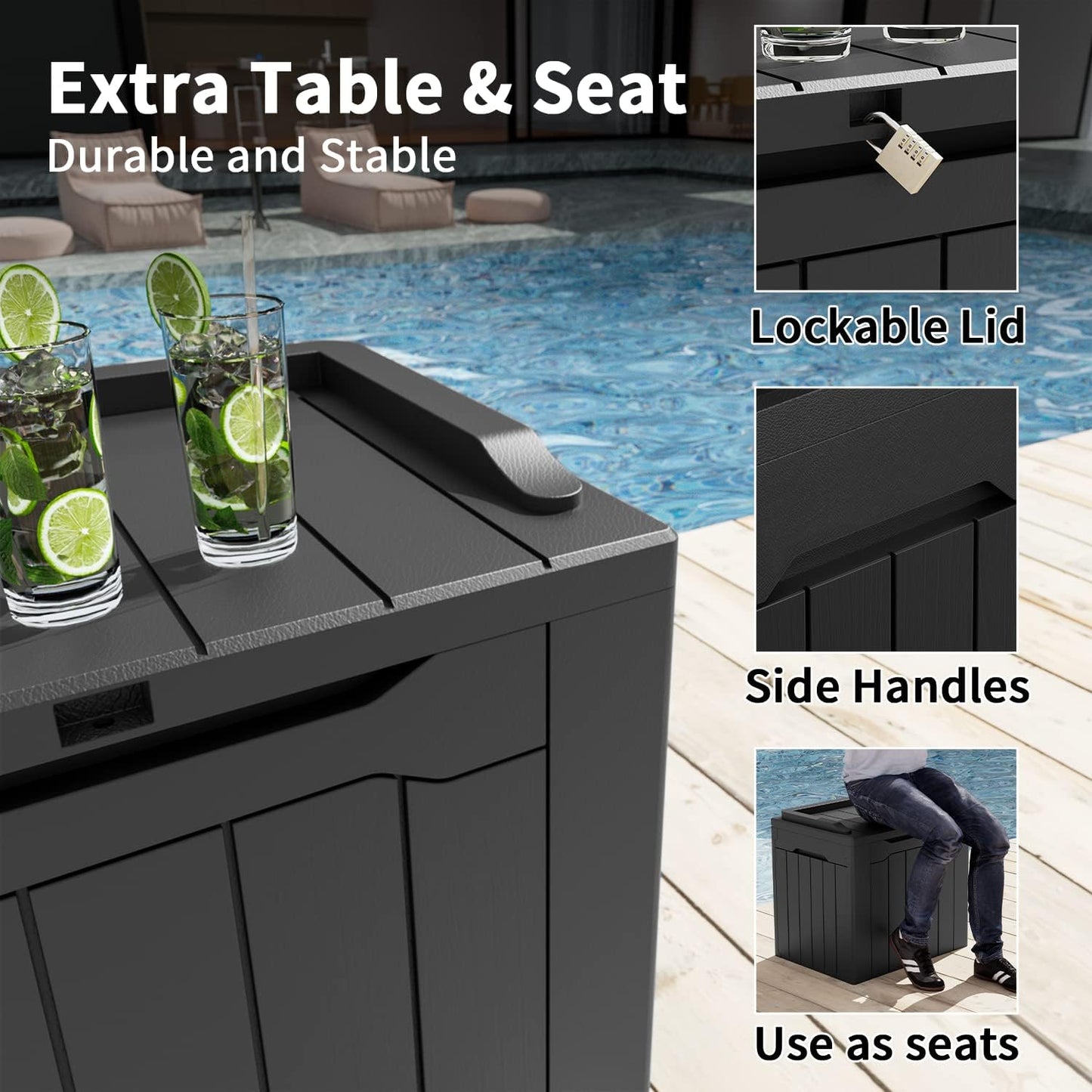 Greesum Outdoor Storage Box 31 Gallon Storage Box with Lid for Patio Furniture, Garden Tools, Pool Supplies, Waterproof and UV Resistant, Lockable, Dark Black