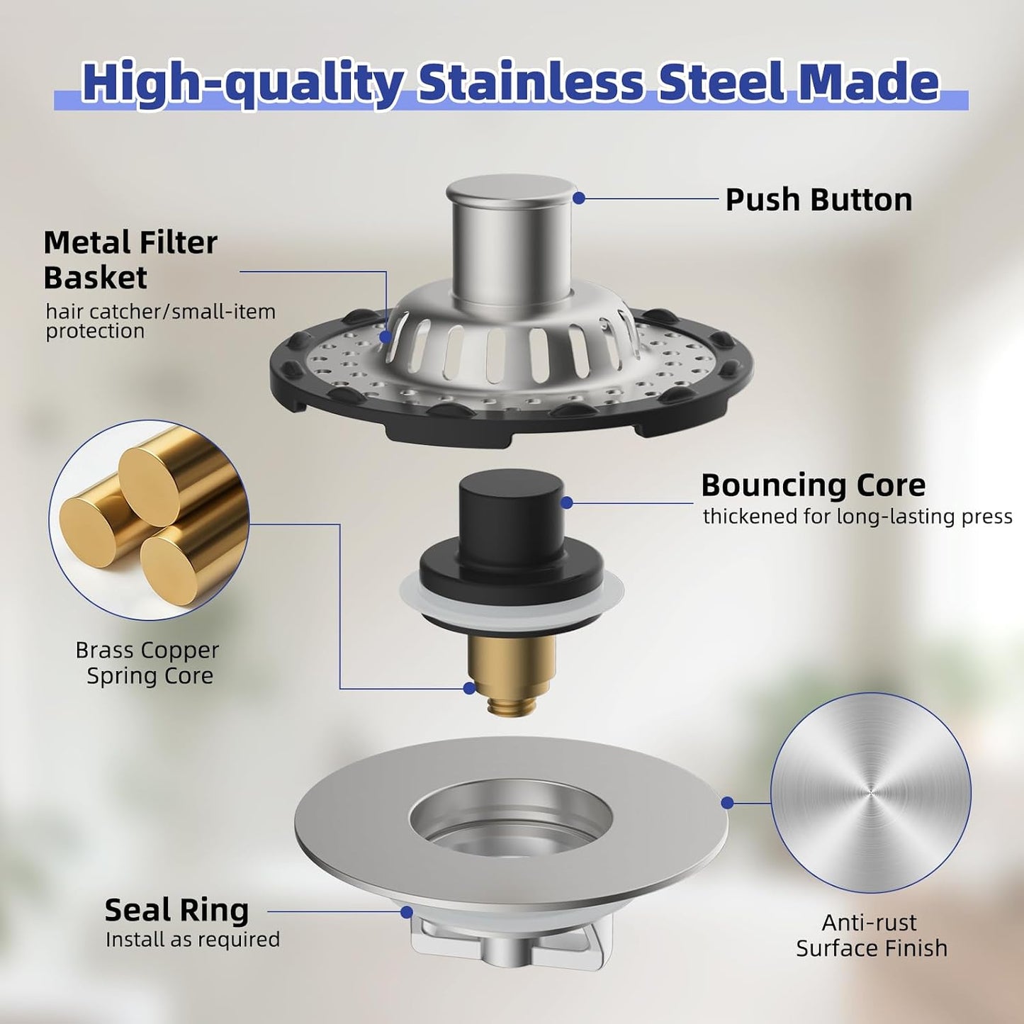 Universal Bathtub Drain Stopper Shower Drain Hair Catcher, Tub Stopper with Visible Top Strainer, Upgraded 3 in 1 Pop-up Drain Plug Fit for 1.5 to 2.4" Hole, Stainless Steel Filter Basket, Chrome