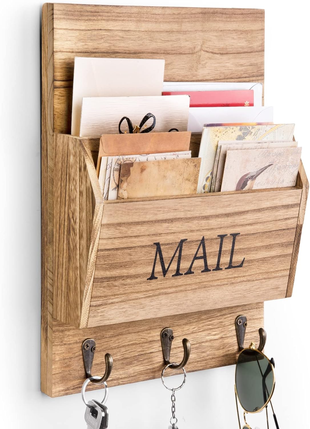 DLQuarts Mail Organizer with Key Holder for Wall, Mail Sorter Wall Mounted, Decorative Wooden Key and Mail Holder with 3 Hooks, Black