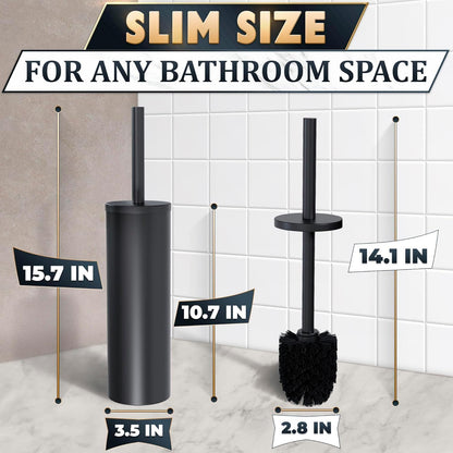 Black Toilet Brush and Holder Set - Slim Matte Design that Fits Anywhere - Stainless Steel Toilet Bowl Brush and Holder with 2 Rounded Corners, Replaceable Head, Removable Inner Bowl & Splash Guard