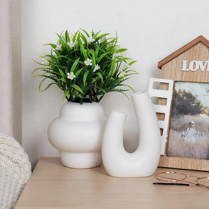 CUCUMI Ceramic Vase Set of 5, Home Decor Farmhouse Décor Handmade Pottery Vases for Pampas Grass, Dried Fresh Flowers, Table, Living Room, Kitchen, Shelf, Entryway Mantel Neutral Tones