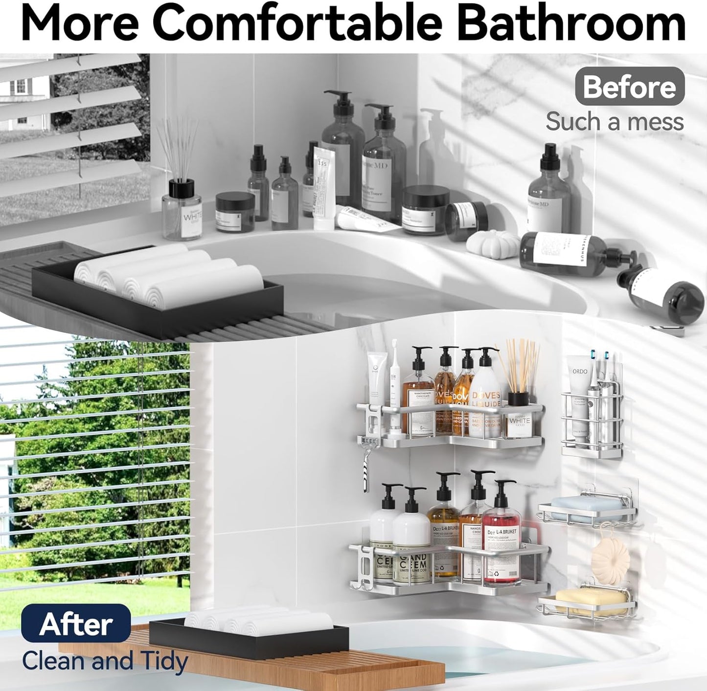 YASONIC Corner Shower Caddy, 5-Pack Adhesive Rustproof Stainless Steel Shower Organizer with Soap Holder, No Drilling Shower Shelf for Inside Shower, Dorm, Renters, Black