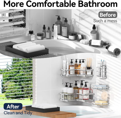 YASONIC Corner Shower Caddy, 5-Pack Adhesive Rustproof Stainless Steel Shower Organizer with Soap Holder, No Drilling Shower Shelf for Inside Shower, Dorm, Renters, Black