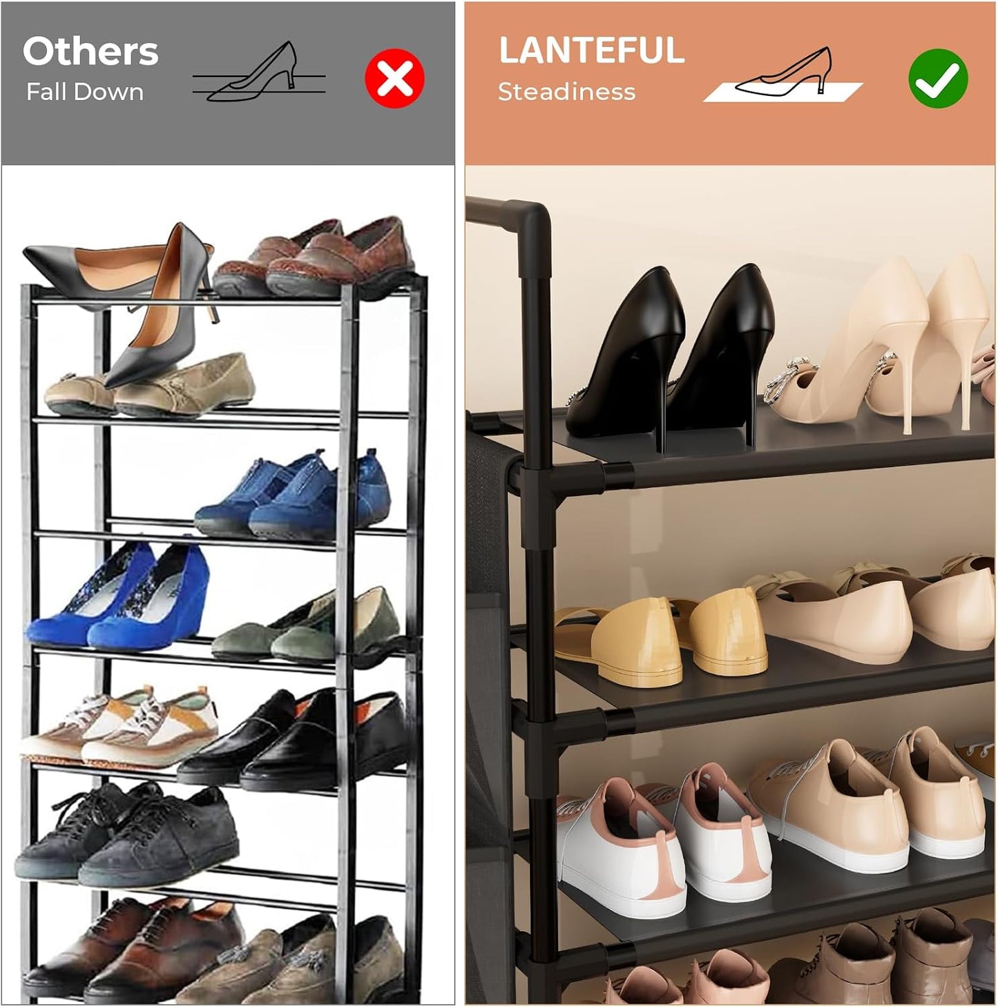 LANTEFUL 6 Tier Shoe Rack Storage for 24-30 Pairs Shoe and Boot, Shoe Organizer with Hook and Side Pocket Free Standing Long Shoe Shelf Tall Shoe Rack Organizer for Closet, Entryway, Dorm, White
