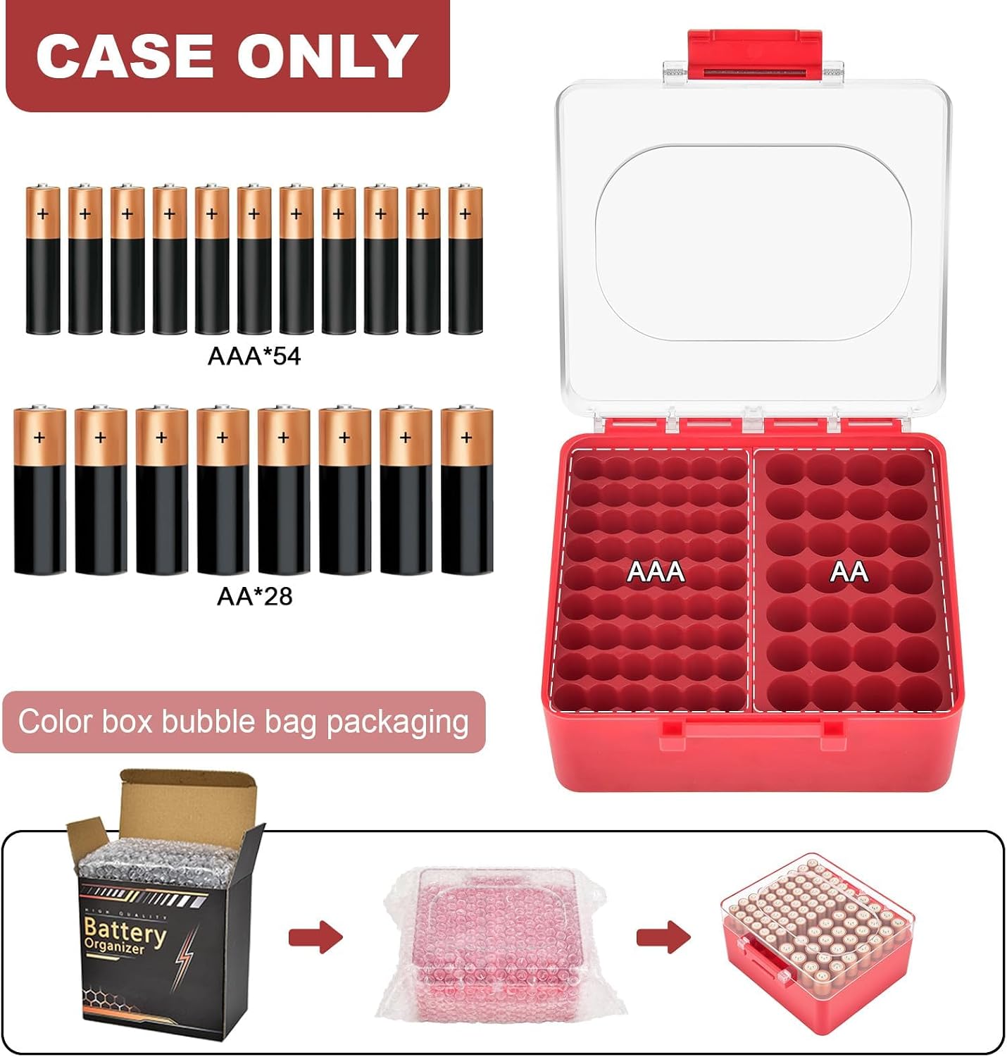 FULLCASE Plastic Battery Organizer with Tester, Battery Storage Case for AA AAA C D 9V Batteries, Portable Battery Holder Box for Home, Travel & Emergency Kits(Case Only) Black