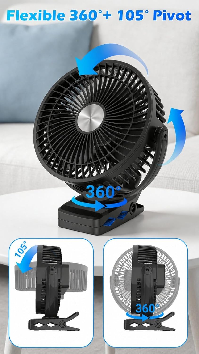 Meudeen 5000mAh Rechargeable Clip on Fan - 6 Inch Portable Fan - with Timer & LED Lantern - Battery Powered Golf Cart Fan - 5 Speeds Quiet Small Desk Fan for Camping - Stroller - Bedroom