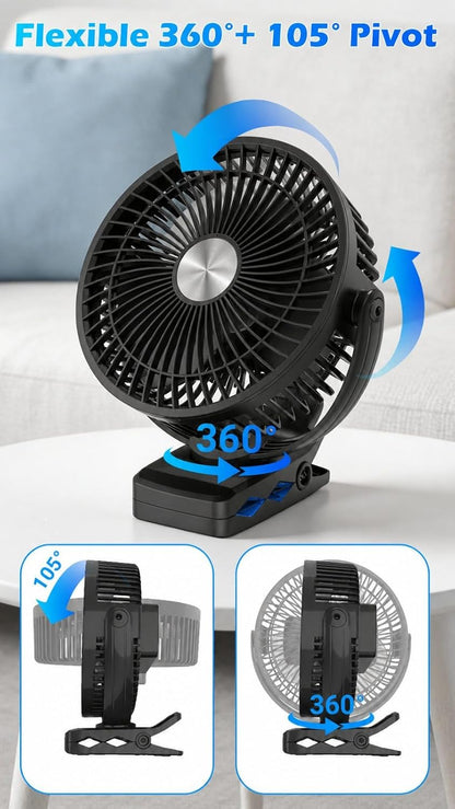 Meudeen 5000mAh Rechargeable Clip on Fan - 6 Inch Portable Fan - with Timer & LED Lantern - Battery Powered Golf Cart Fan - 5 Speeds Quiet Small Desk Fan for Camping - Stroller - Bedroom