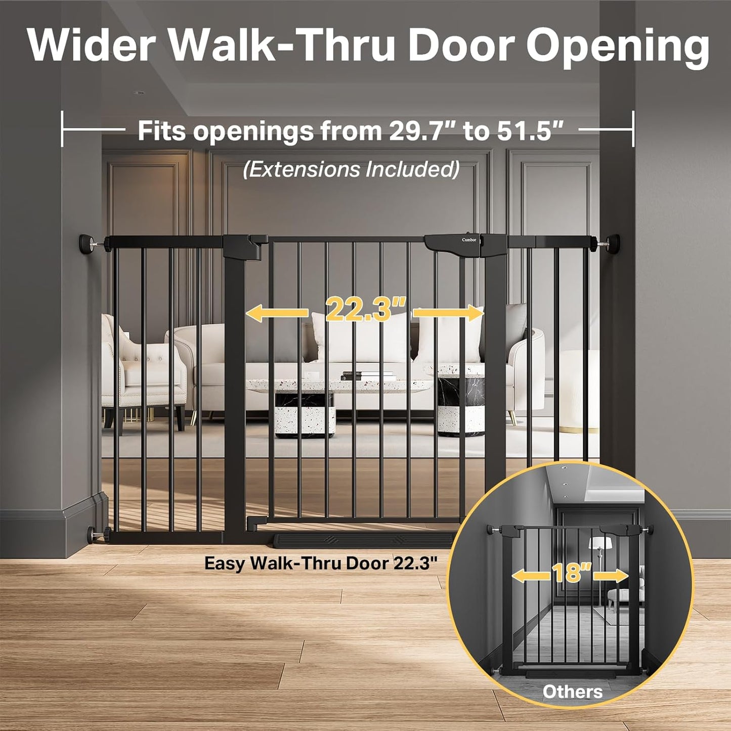 Cumbor 29.7-48" Baby Gate for Stairs, Mom's Choice Awards Winner-Dog Gate for Doorways, Auto Close Safety Pet Gate for Dogs Indoor, Easy Install Pressure Mounted Child Gate with Walk Thru Door, Brown